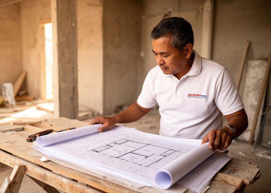 Tracenex foreman reviewing blueprints on a renovation site in Putrajaya