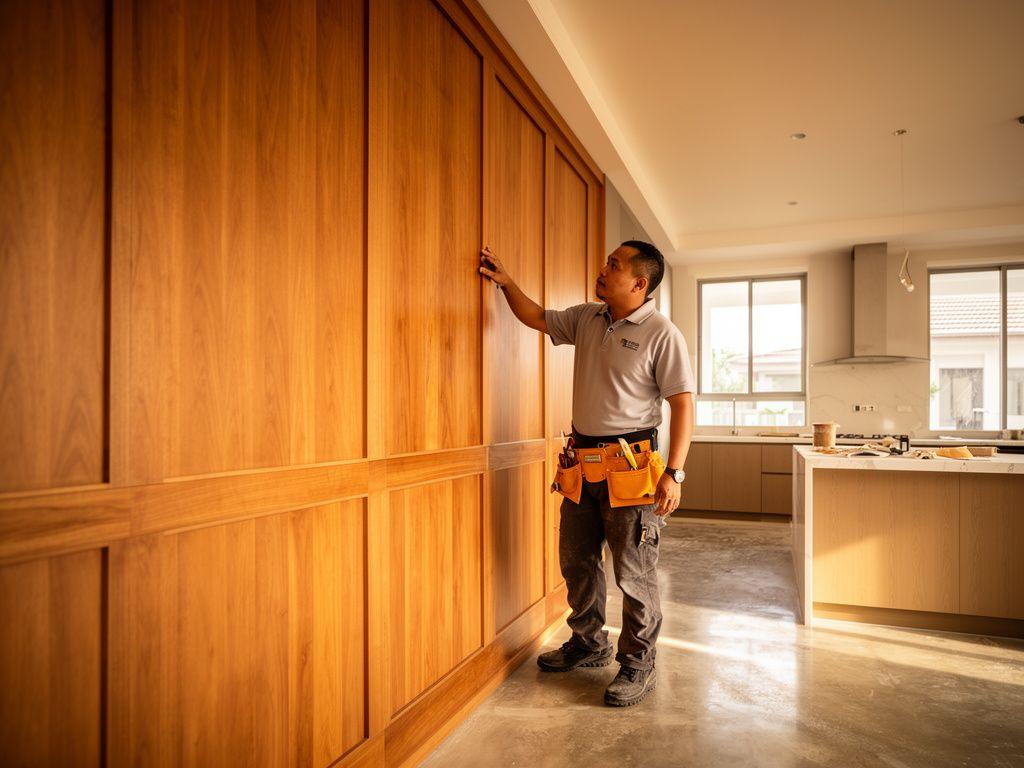 Tracenex carpenter finishing a custom feature wall in a Putrajaya residence