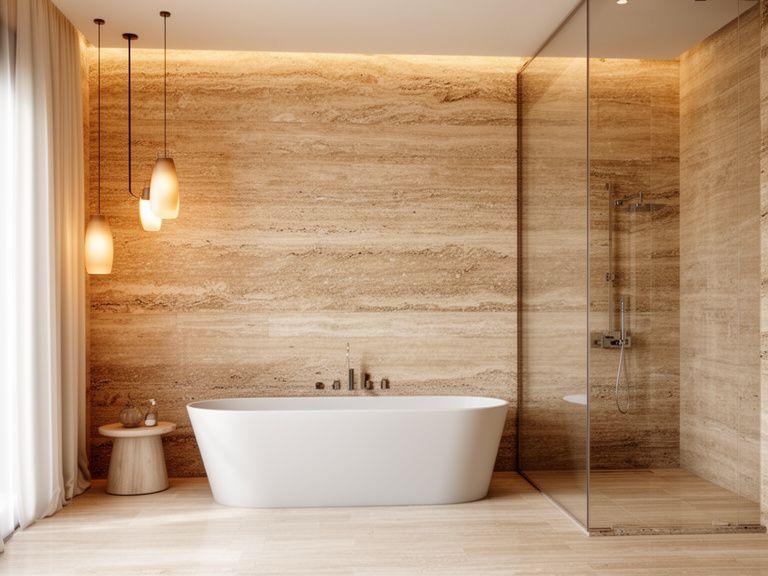 Master bathroom remodel with natural stone feature wall