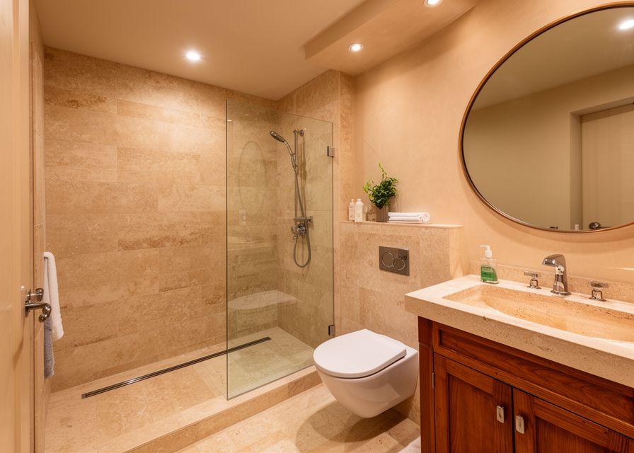 Master bathroom with walk-in shower and natural stone tile