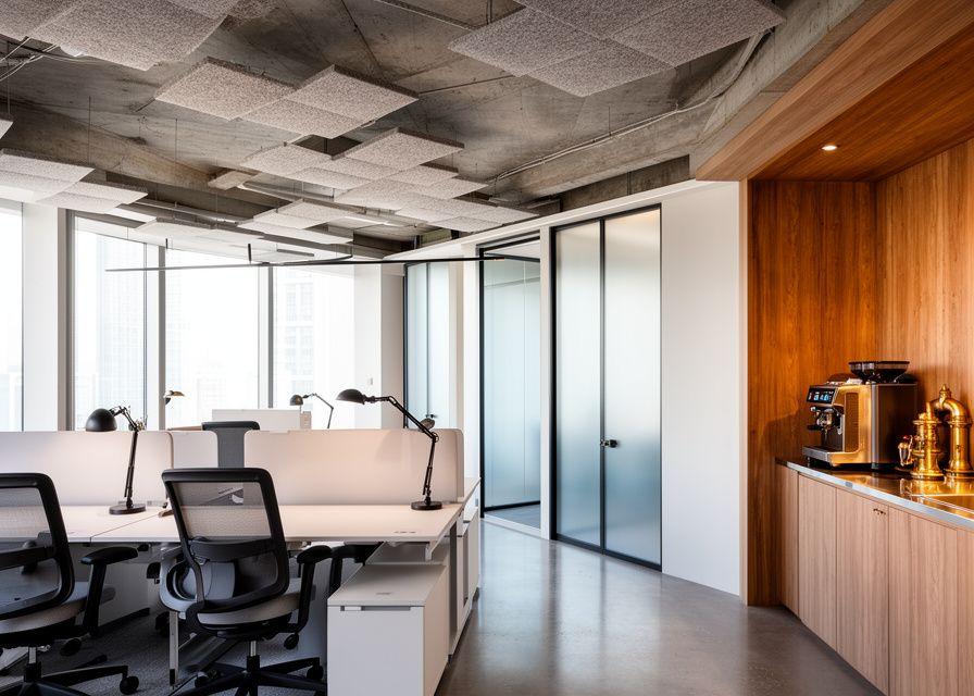 Modern open-plan office fit-out with timber accents and acoustic ceiling