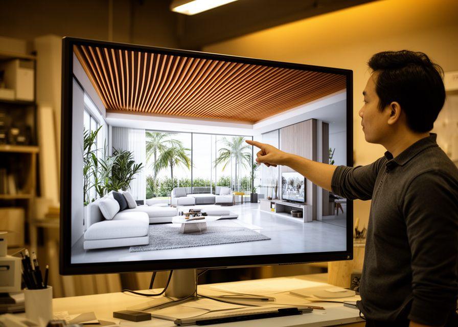 3D interior render of a living room concept being reviewed at the Tracenex studio