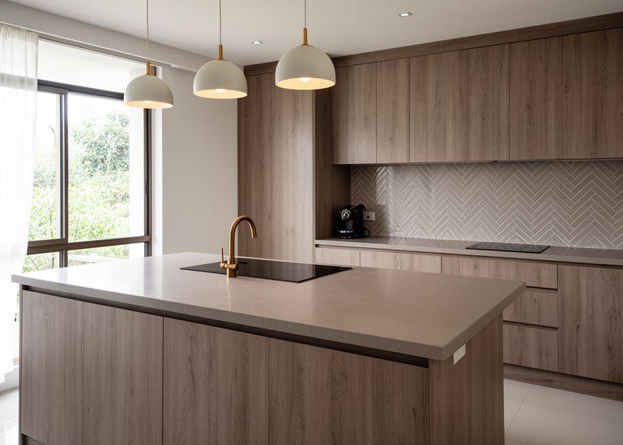 Modern kitchen island with quartz countertop and timber cabinetry in a renovated home